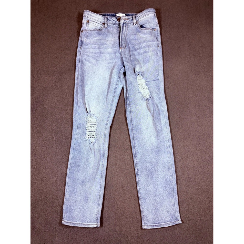 Kendall & Kylie Jeans Womens 3/4 Blue Denim Distressed Whiskered Boho Skinny Leg